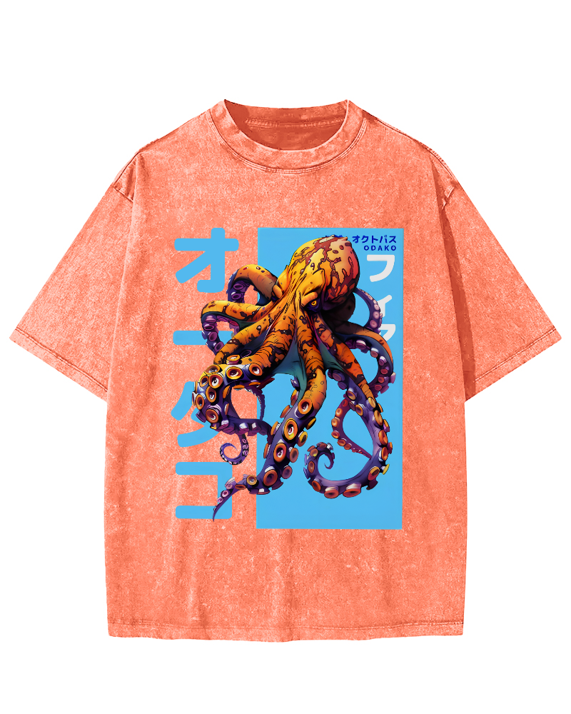 Octopus Monster Japanese Vintage Washed T-shirt-Zazasy
