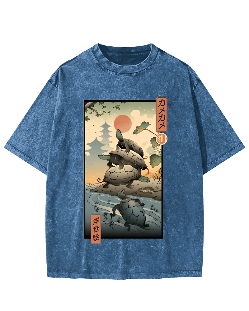 Ukiyoe Turtle Japanese Vintage Washed T-shirt-Zazasy