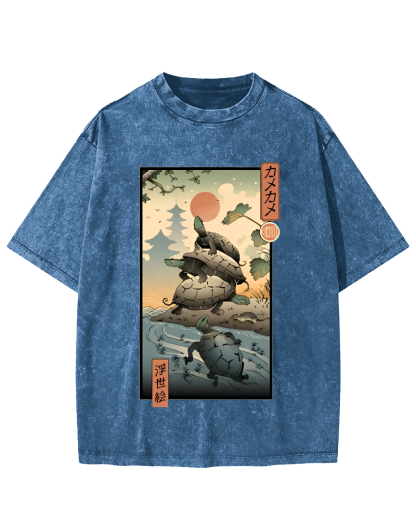 Ukiyoe Turtle Japanese Vintage Washed T-shirt-Zazasy