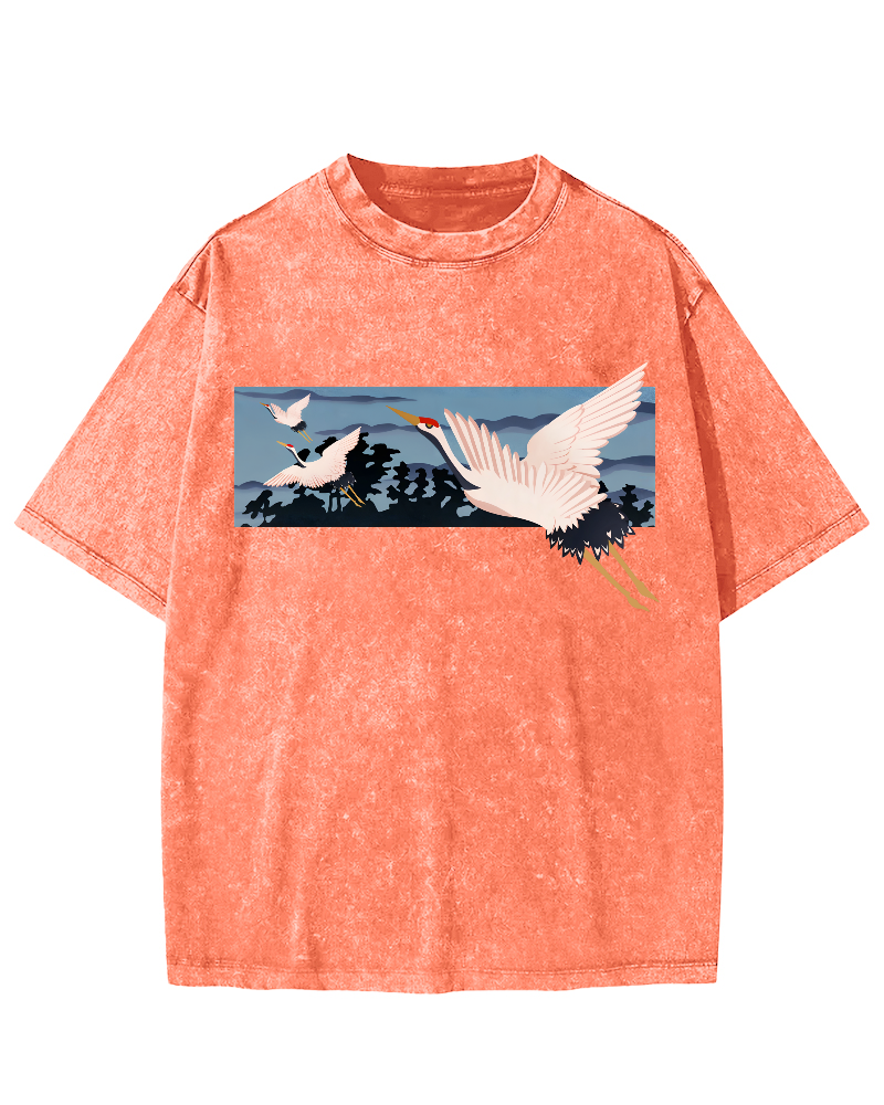 Idle Clouds, Wild Cranes, Japanese Style Vintage Washed T-shirt-Zazasy
