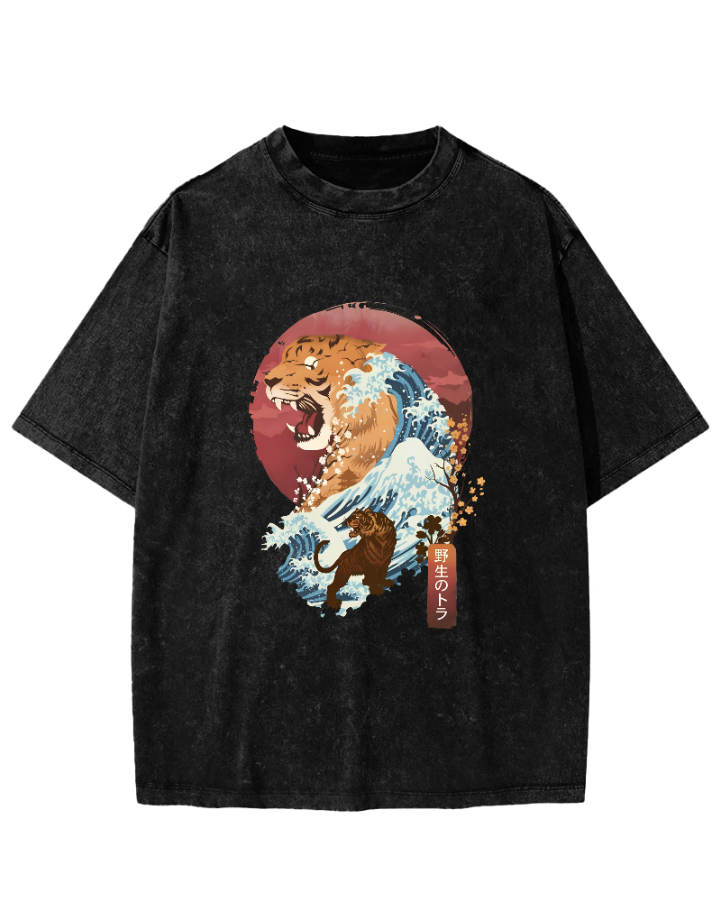 Tiger in Japanese Waves Vintage Distressed T-shirt-Zazasy