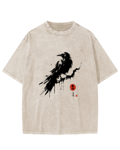 Crow Pattern Japanese Style Vintage Distressed T-shirt-Zazasy