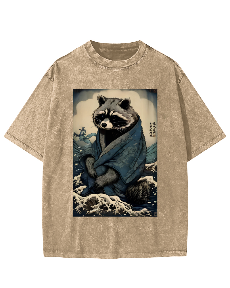 Raccoon in The Waves, Japanese Style Vintage Washed T-shirt-Zazasy