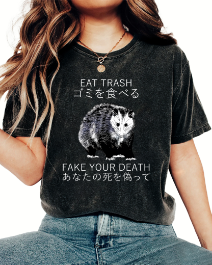 Japanese Style Opossums in Foraging Vintage Distressed T-shirt-Zazasy