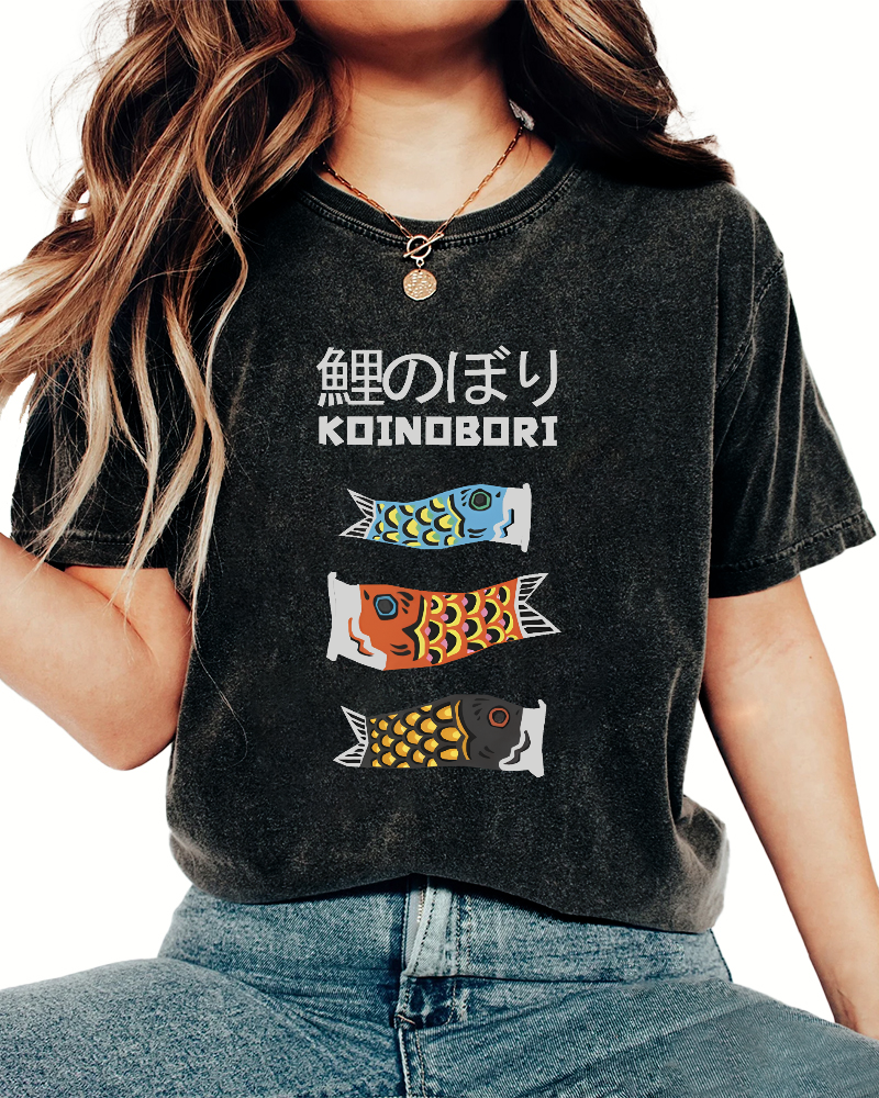 Cartoon Fish Painting Pattern Japanese Style Vintage Distressed T-shirt-Zazasy