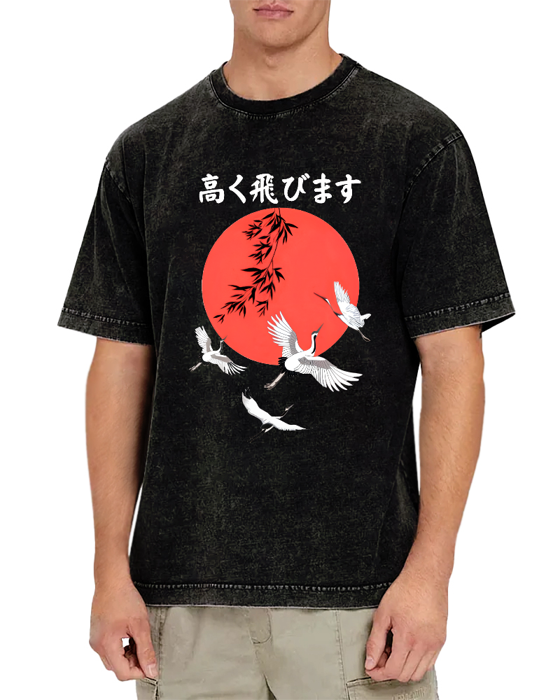Flying Crane Japan Vintage Washed T-shirt-Zazasy