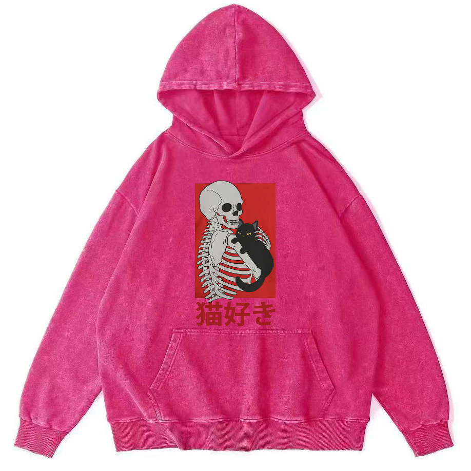 Skeleton and Cat Japanese Style Vintage Washed Hoodie-Zazasy