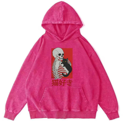 Skeleton and Cat Japanese Style Vintage Washed Hoodie-Zazasy