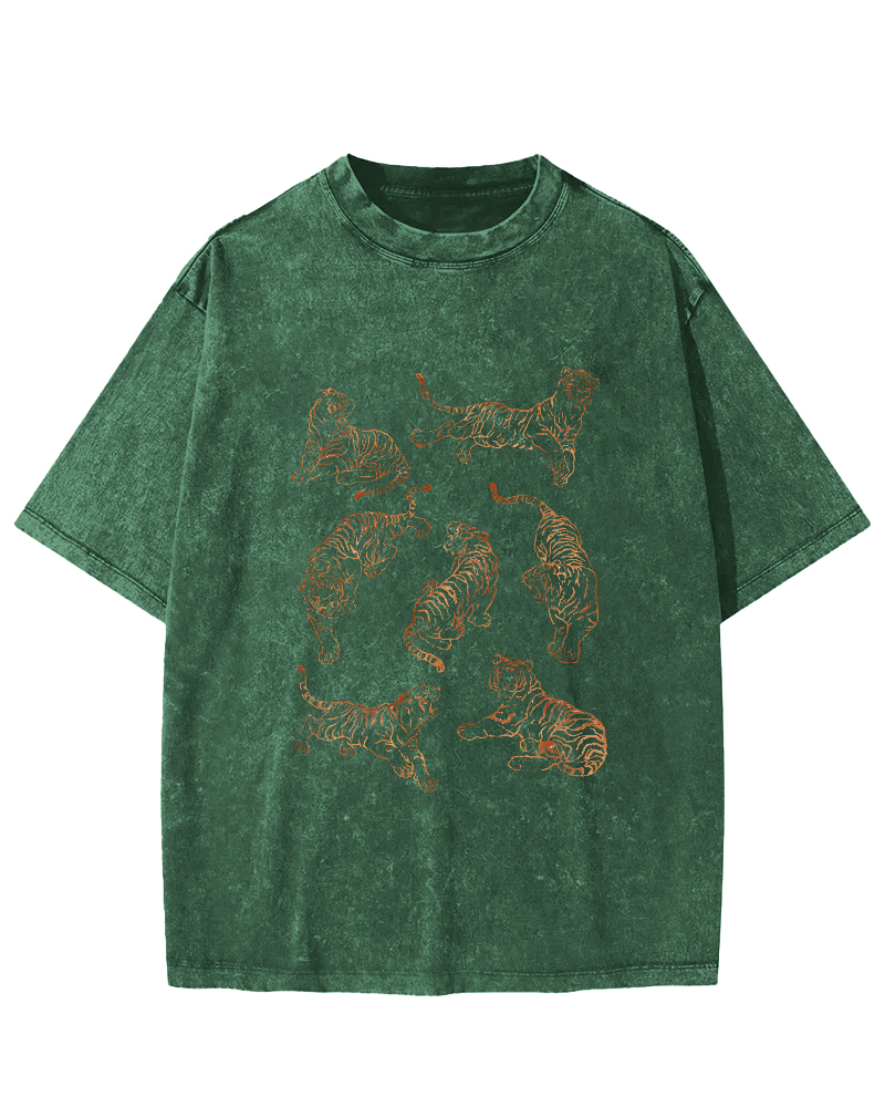 Japanese Tiger Pattern Leisure Vintage Distressed T-shirt-Zazasy