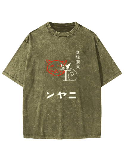 Japanese Character Cat Pattern Vintage Distressed T-shirt-Zazasy