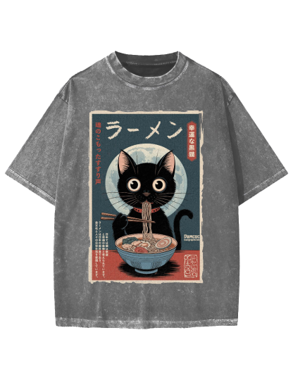Black Cat Eating Ramen Vintage Washed T-shirt