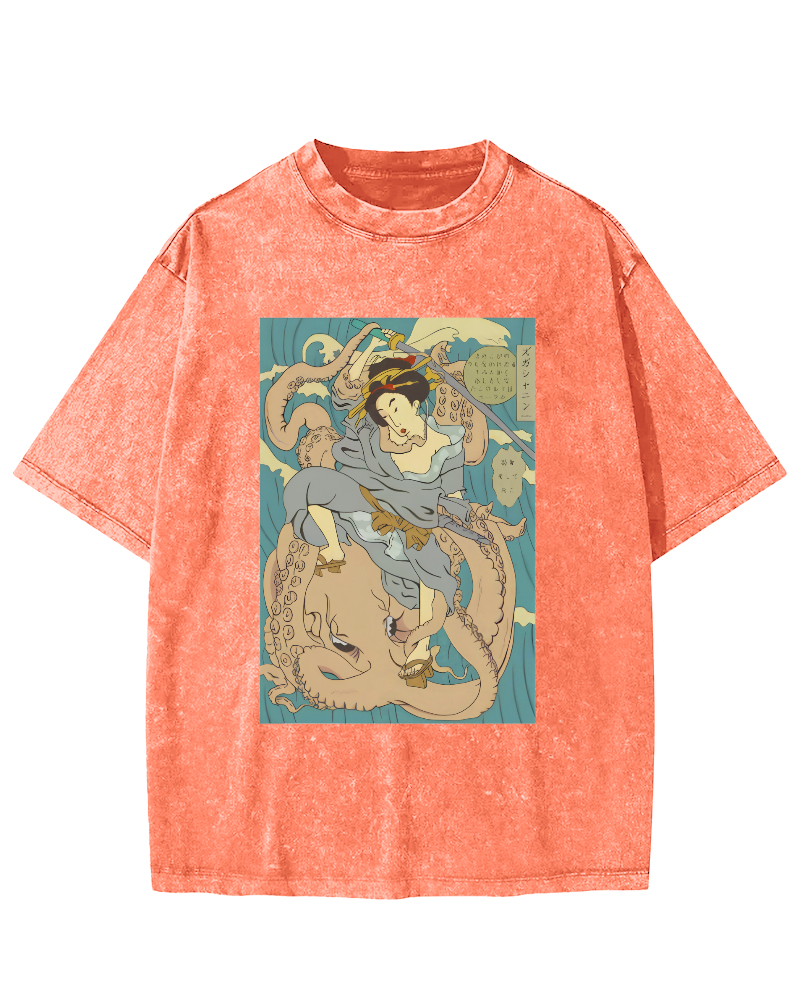 Ukiyo-i Japanese Women Vintage Washed T-shirt-Zazasy