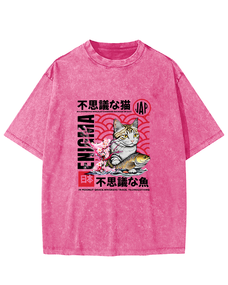 Japanese Cat Pattern Vintage Distressed T-shirt-Zazasy