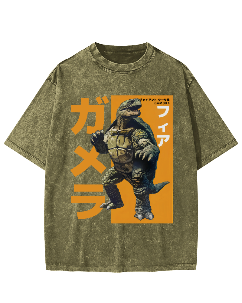 Crocodile Turtle Japanese Style Vintage Washed T-shirt-Zazasy
