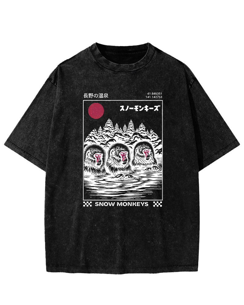Monkey Pattern In Hot Springs, Japanese Style Vintage Distressed T-shirt-Zazasy