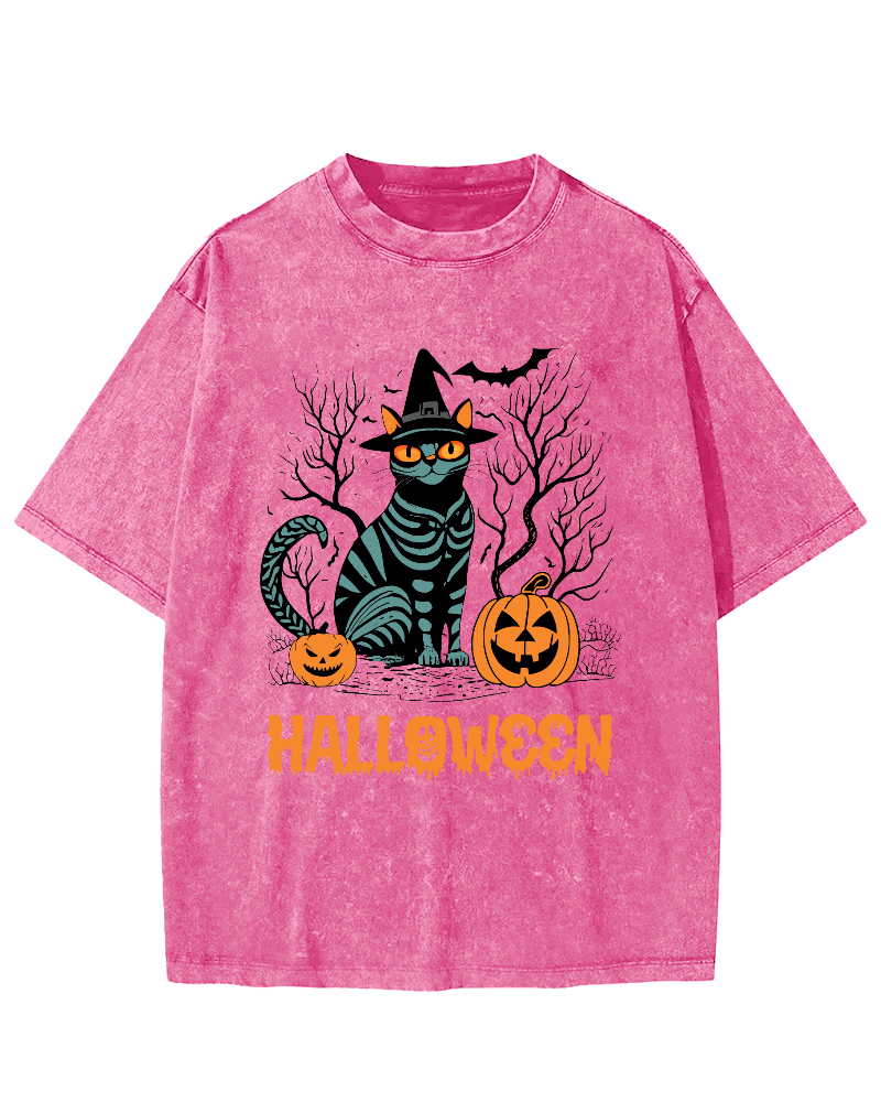 Halloween Cat Vintage Washed T-shirt-Zazasy