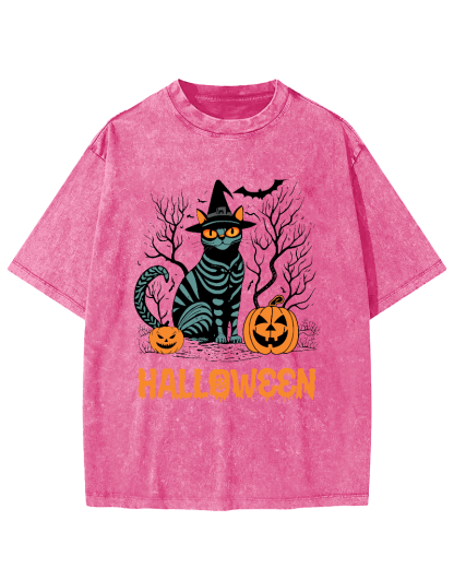 Halloween Cat Vintage Washed T-shirt-Zazasy