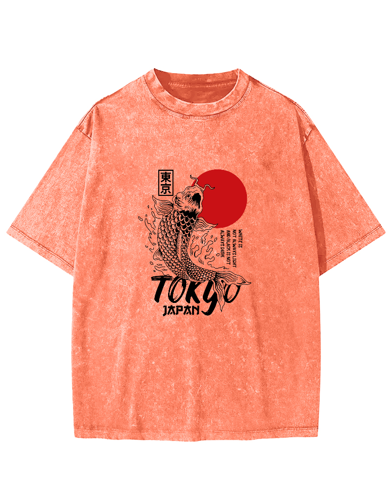 Tokyo Koi Pattern Vintage Distressed T-shirt-Zazasy