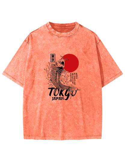 Tokyo Koi Pattern Vintage Distressed T-shirt-Zazasy