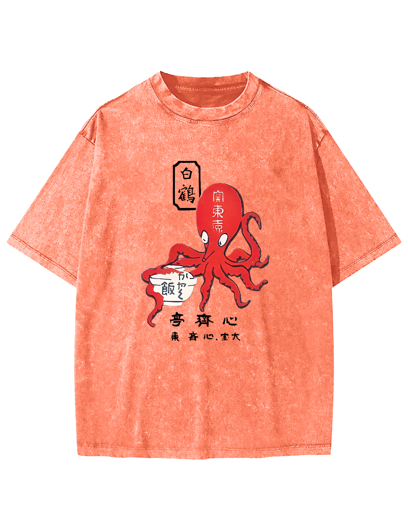 Japanese Script Octopus Pattern Vintage Distressed T-shirt-Zazasy