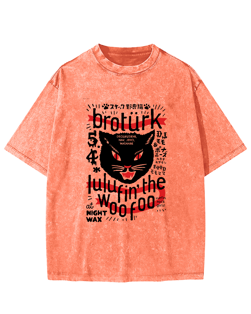 Japanese Character Cat Pattern Vintage Distressed T-shirt-Zazasy