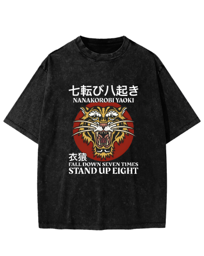Japanese Tiger Head Pattern Vintage Distressed T-shirt-Zazasy