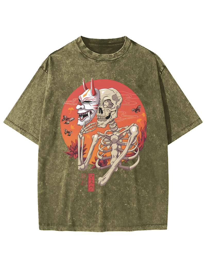 Mask Skeleton Japanese Vintage Distressed T-shirt-Zazasy