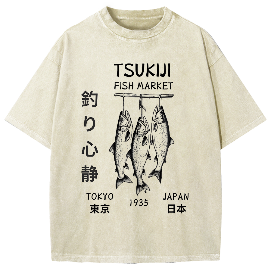 Tsukiji Fish Market Tokyo 1935 Vintage Washed T-shirt