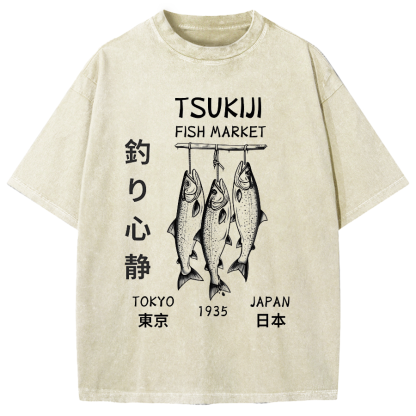 Tsukiji Fish Market Tokyo 1935 Vintage Washed T-shirt
