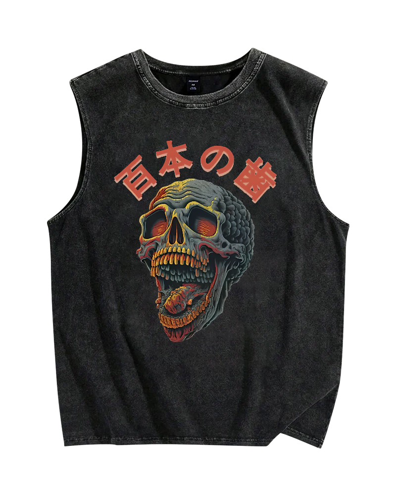 Japanese Style Skull Vintage Distressed Washed Tank-Zazasy