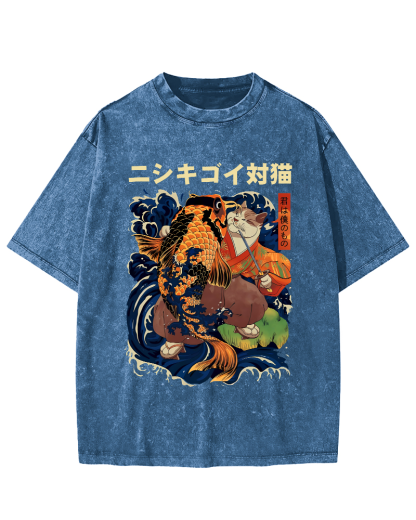 Koi and Cat Japanese Style Vintage Distressed T-shirt-Zazasy
