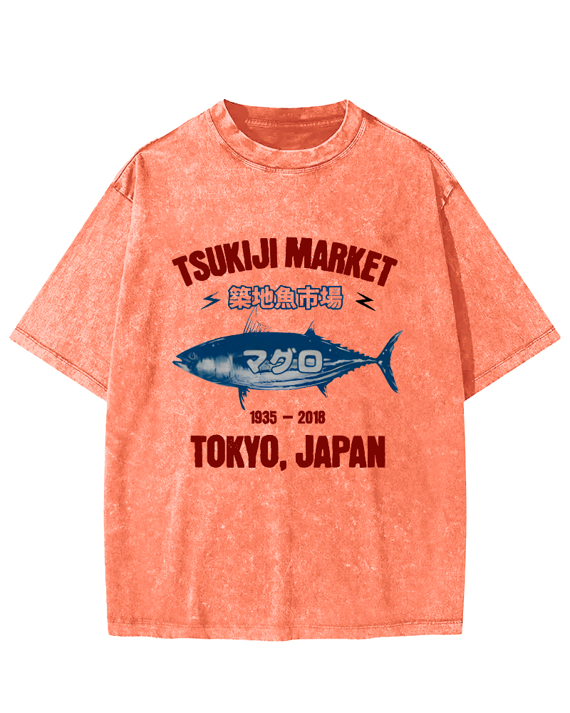 Japanese Tuna Pattern Vintage Distressed T-shirt-Zazasy