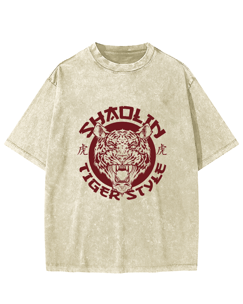 Japanese Tiger Head Pattern Vintage Distressed T-shirt-Zazasy