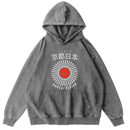 Kyoto Japanese Script Vintage Washed Hoodie-Zazasy