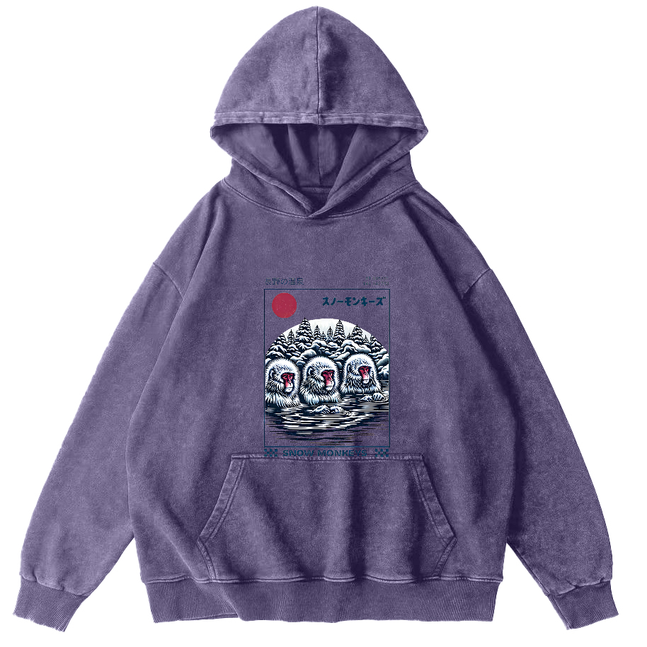 Monkey Pattern In Hot Springs, Japanese Style Vintage Distressed Hoodie-Zazasy
