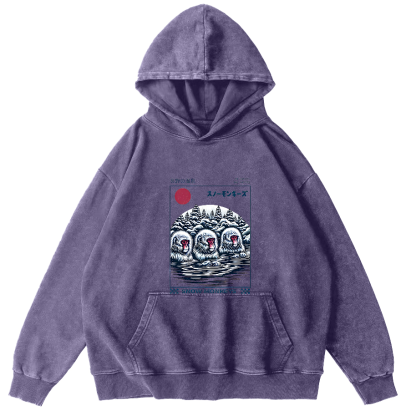 Monkey Pattern In Hot Springs, Japanese Style Vintage Distressed Hoodie-Zazasy