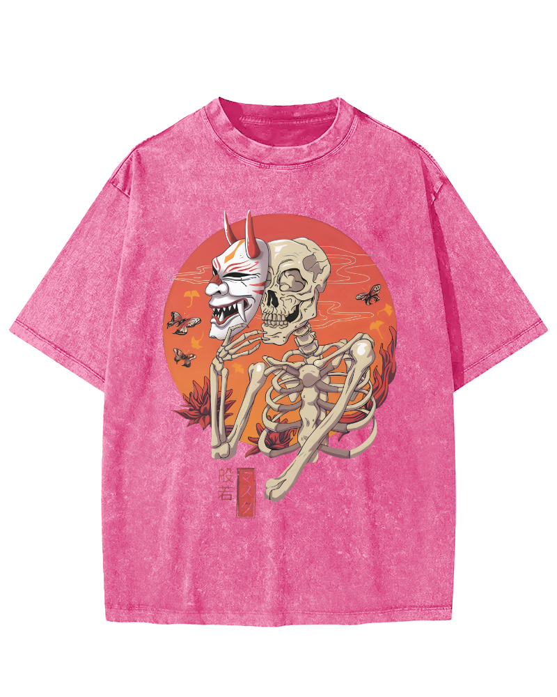 Mask Skeleton Japanese Vintage Distressed T-shirt-Zazasy