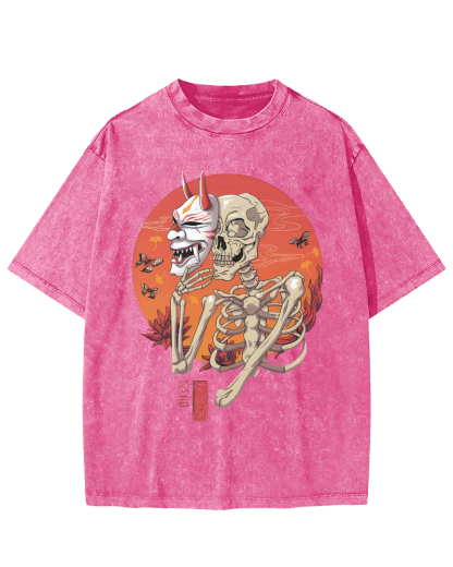 Mask Skeleton Japanese Vintage Distressed T-shirt-Zazasy