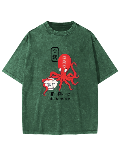 Japanese Script Octopus Pattern Vintage Distressed T-shirt-Zazasy