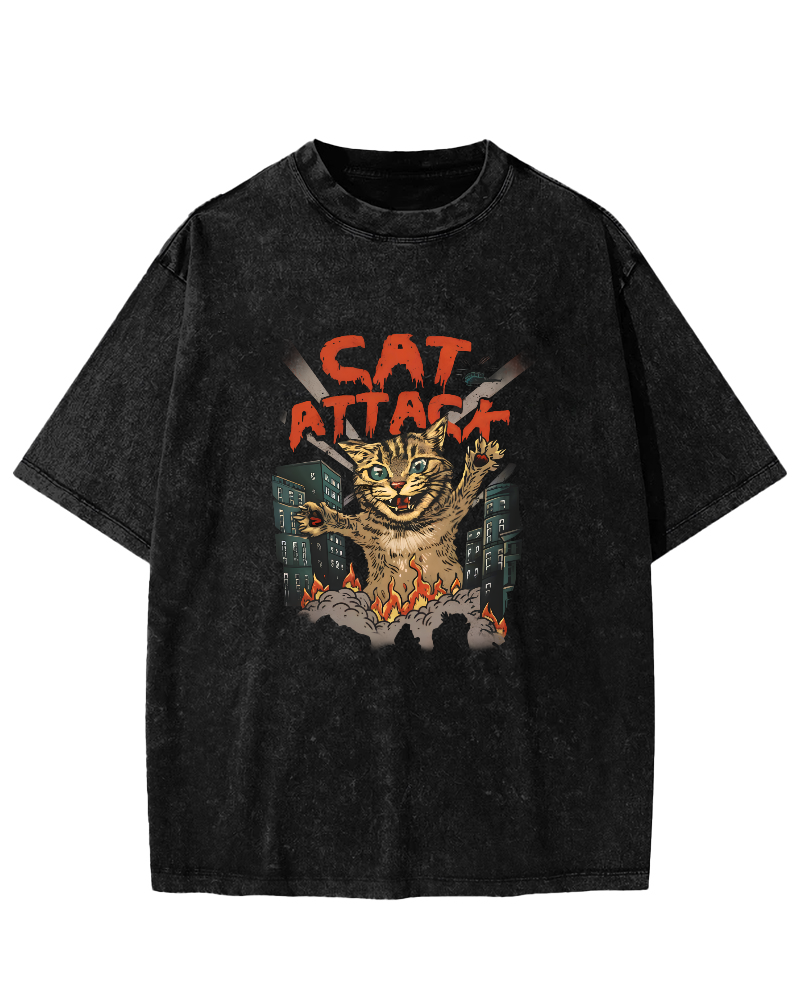 Japanese Cat Pattern Vintage Distressed T-shirt-Zazasy