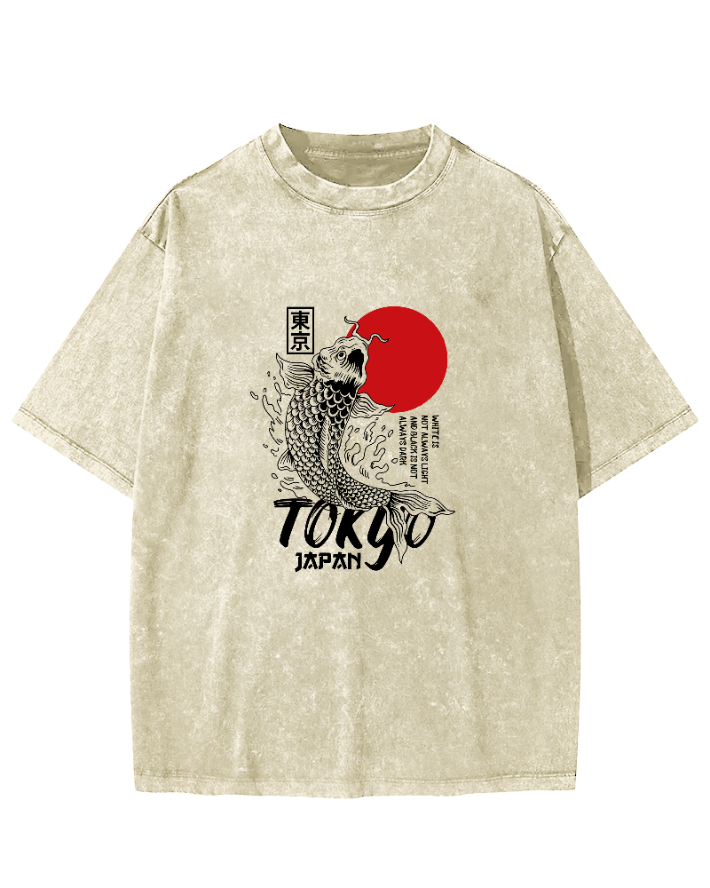 Tokyo Koi Pattern Vintage Distressed T-shirt-Zazasy