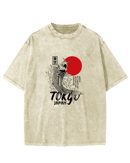 Tokyo Koi Pattern Vintage Distressed T-shirt-Zazasy