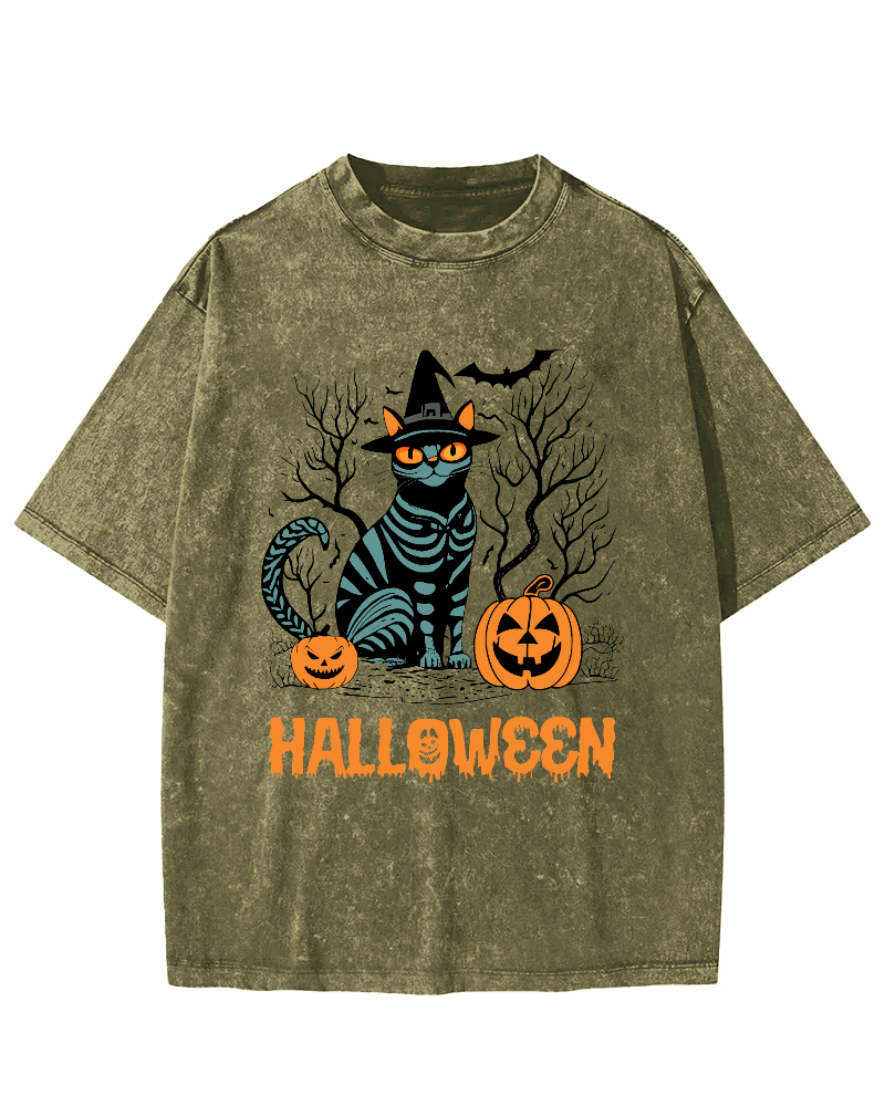 Halloween Cat Vintage Washed T-shirt-Zazasy