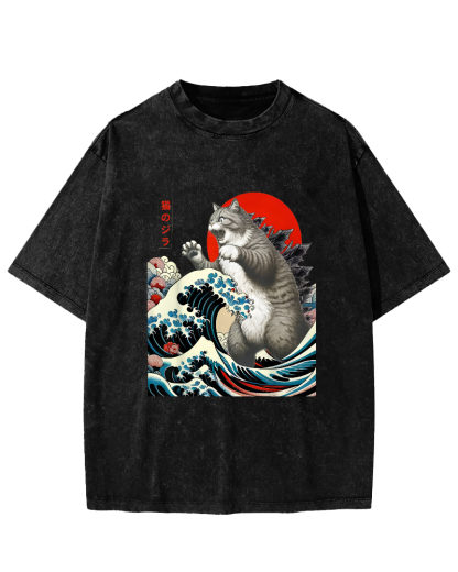Catzilla Cat Japanese Art Vintage Distressed T-shirt-Zazasy
