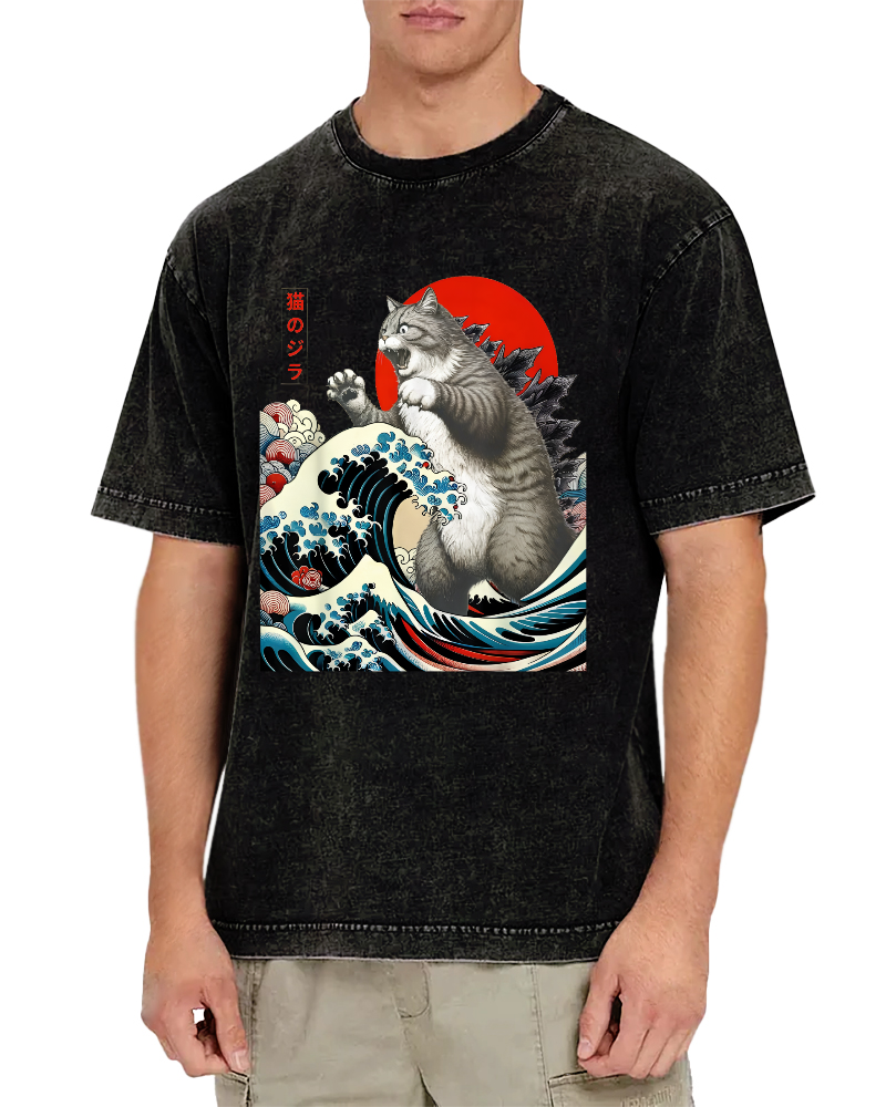 Catzilla Cat Japanese Art Vintage Distressed T-shirt-Zazasy