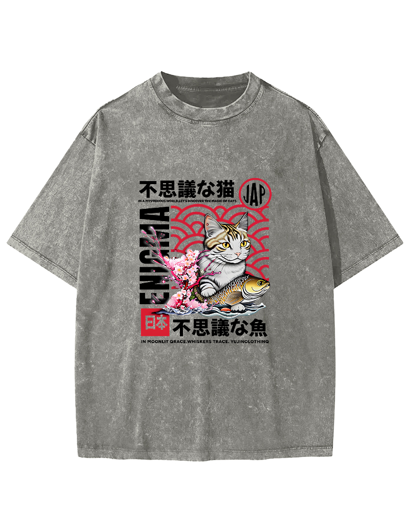 Japanese Cat Pattern Vintage Distressed T-shirt-Zazasy