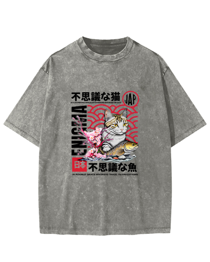 Japanese Cat Pattern Vintage Distressed T-shirt-Zazasy