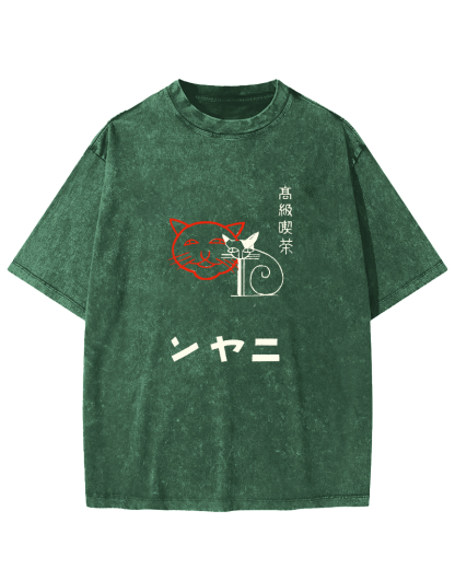 Japanese Character Cat Pattern Vintage Distressed T-shirt-Zazasy