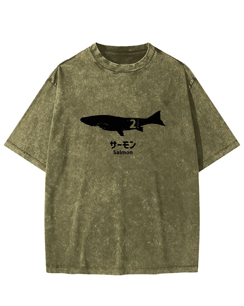 Japanese Script Shark Pattern Vintage Distressed T-shirt-Zazasy