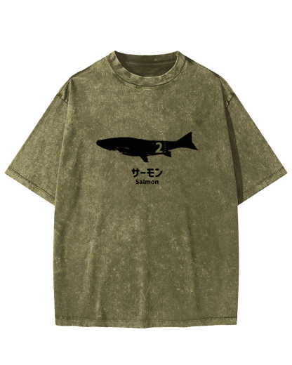 Japanese Script Shark Pattern Vintage Distressed T-shirt-Zazasy